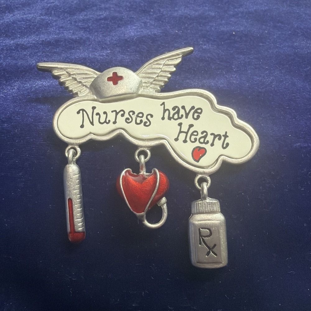 Tara Vintage Nurse Pin Brooch Silver Tone Charms Nurses Have Heart Angel 1980s